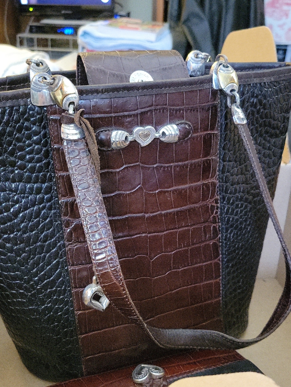 Brighton Two-Tone Croc-Embossed Leather Tote in Brown & Black